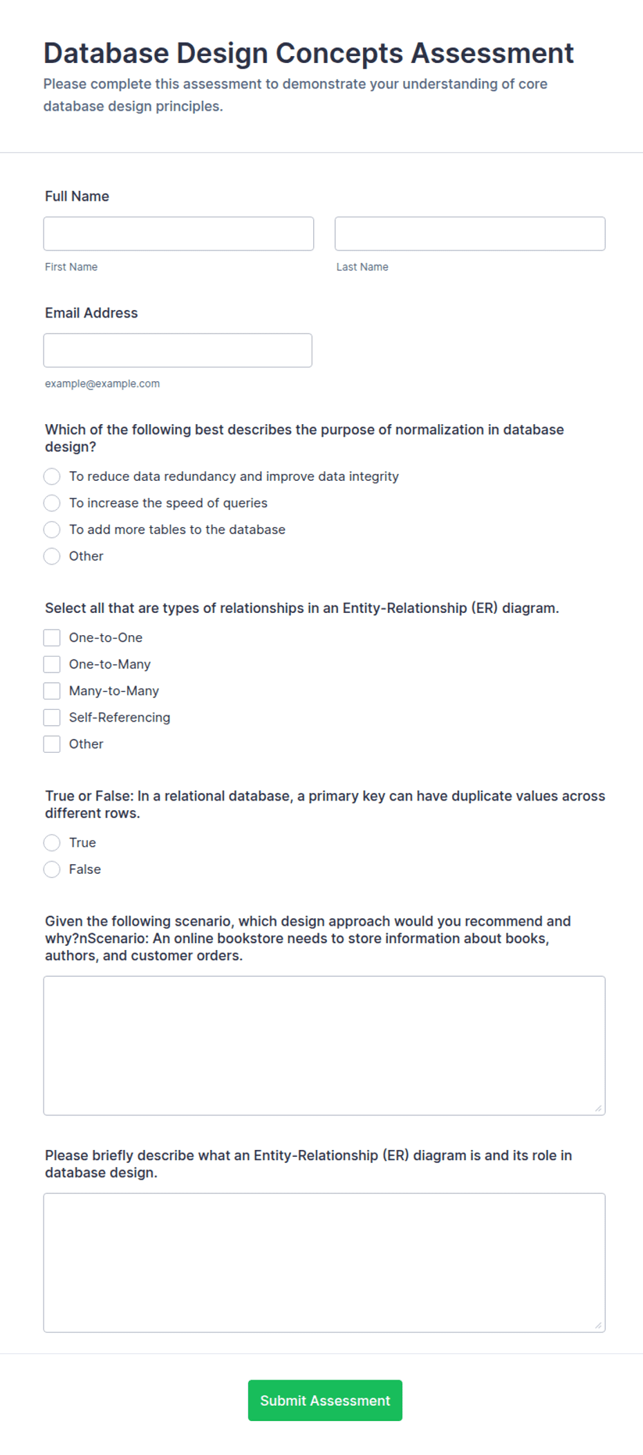 Database Design Concepts Assessment Form Template | Jotform