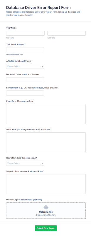 Database Driver Error Report Form Template