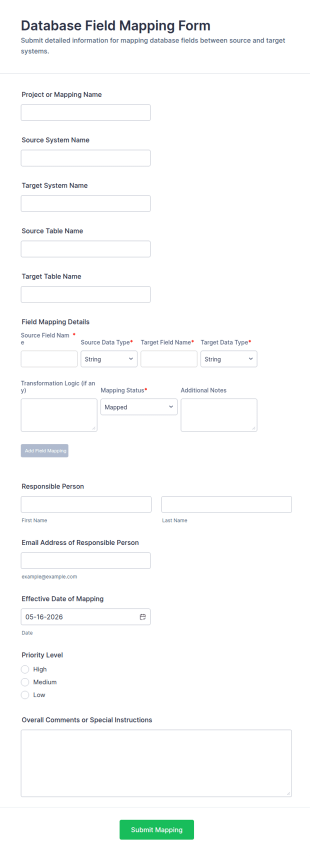 Database Field Mapping Form Template
