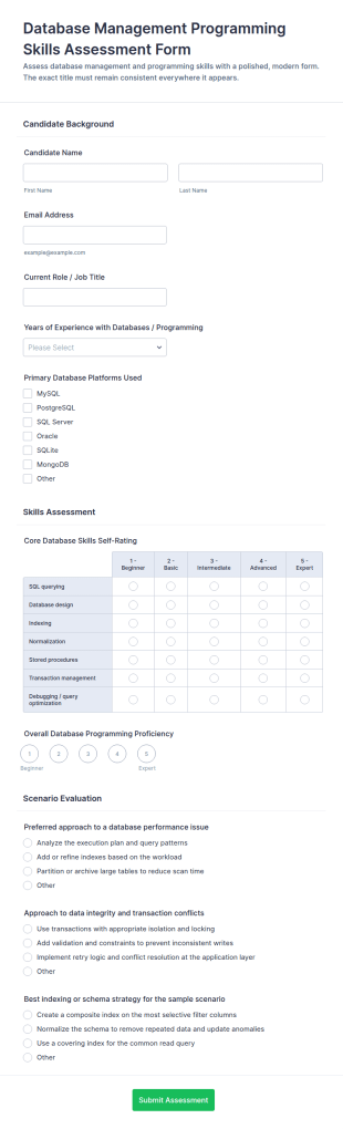 Database Management Programming Skills Assessment Form Template