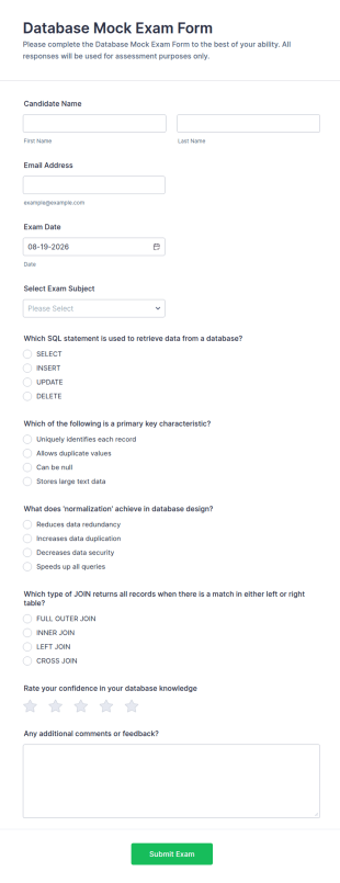 Database Mock Exam Form Template