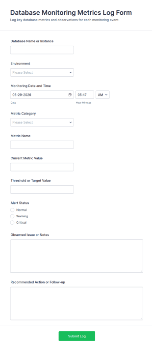 Database Monitoring Metrics Log Form Template