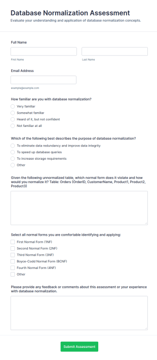 Database Normalization Assessment Form Template
