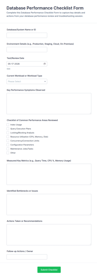 Database Performance Checklist Form Template
