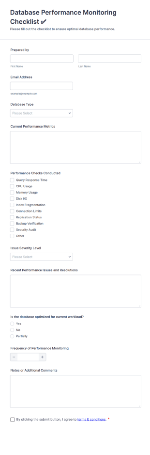 Database Performance Monitoring Checklist ✅ Form Template