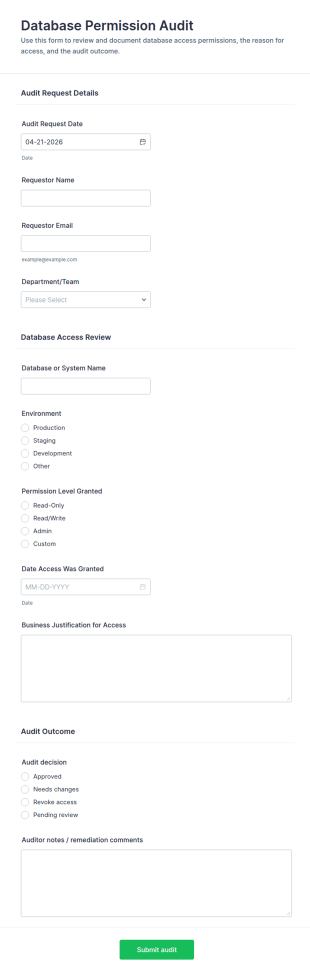 Database Permission Audit Form Template