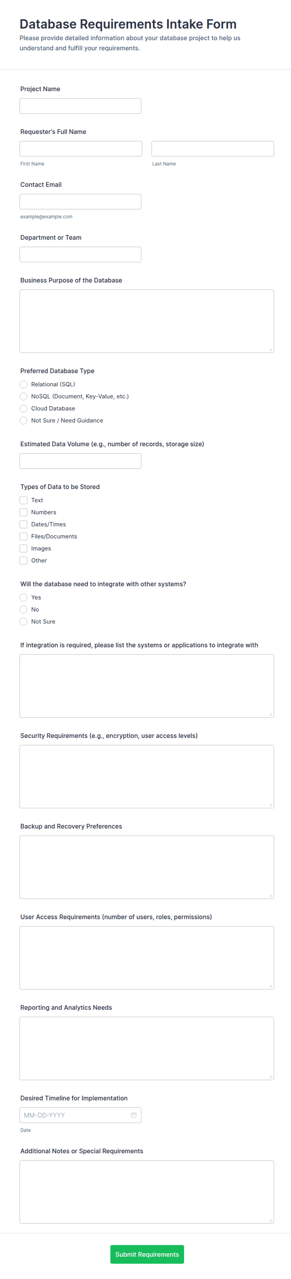 Requirements Intake Database Requirements Intake Form Template | Jotform