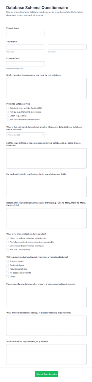 Database Schema Questionnaire Form Template