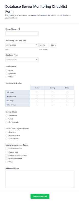Database Server Monitoring Checklist Form Template