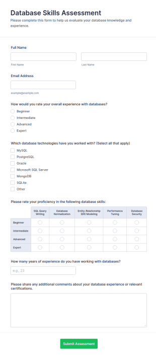Database Skills Assessment Form Template