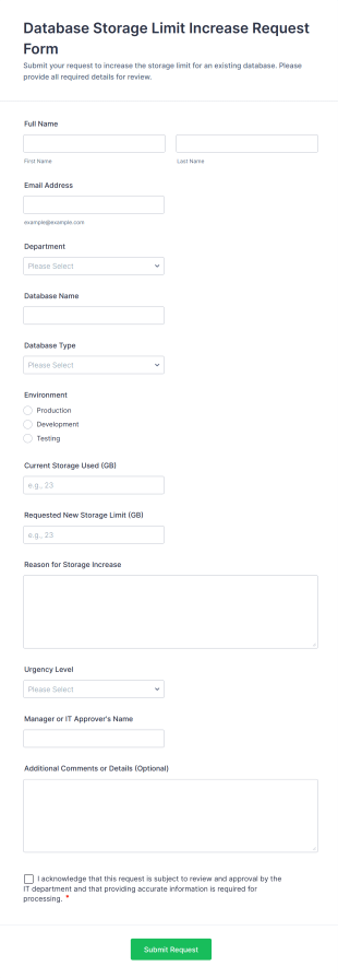 Database Storage Limit Increase Request Form Template
