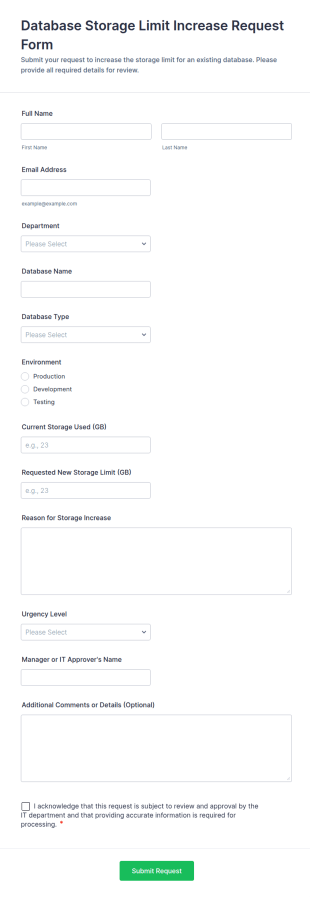 Database Storage Limit Increase Request Form Template