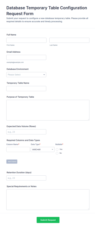 Database Temporary Table Configuration Request Form Template