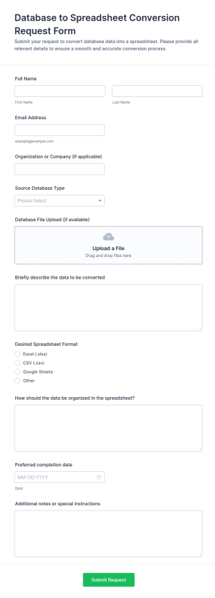 Database To Spreadsheet Conversion Request Form Template