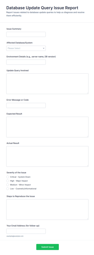 Database Update Query Issue Report Form Template