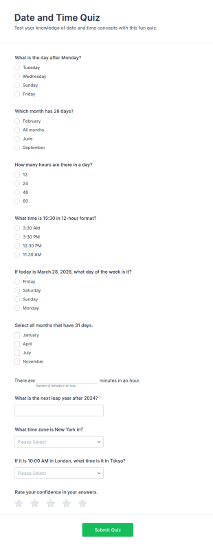 Date And Time Quiz Form Template