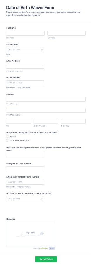 Date Of Birth Waiver Form Template