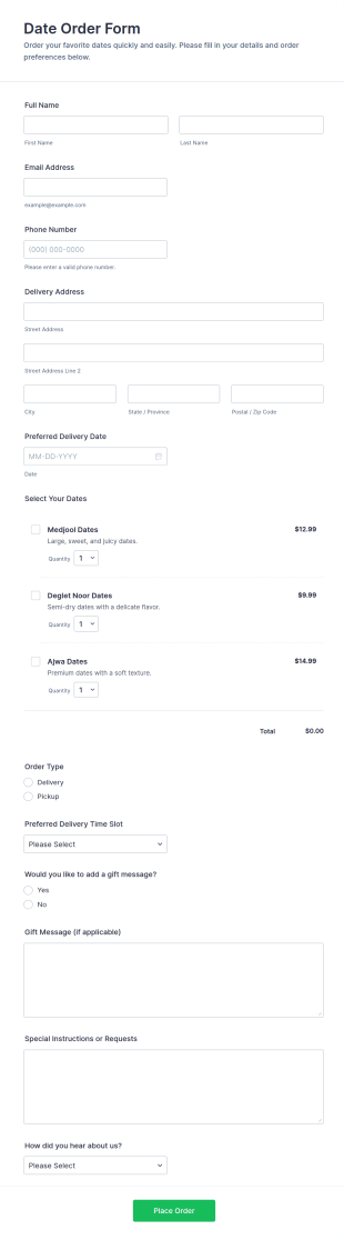 Date Order Form Template