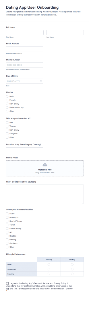 Dating App User Onboarding Form Template