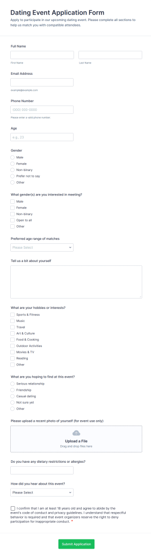 Dating Event Application Form Template