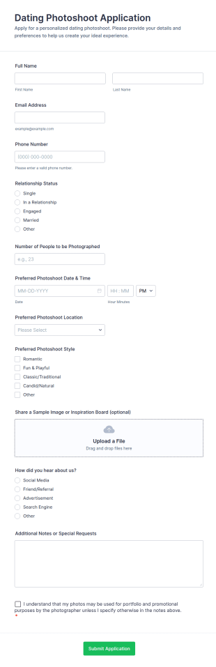 Dating Photoshoot Application Form Template