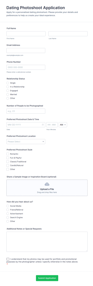 Dating Photoshoot Application Form Template