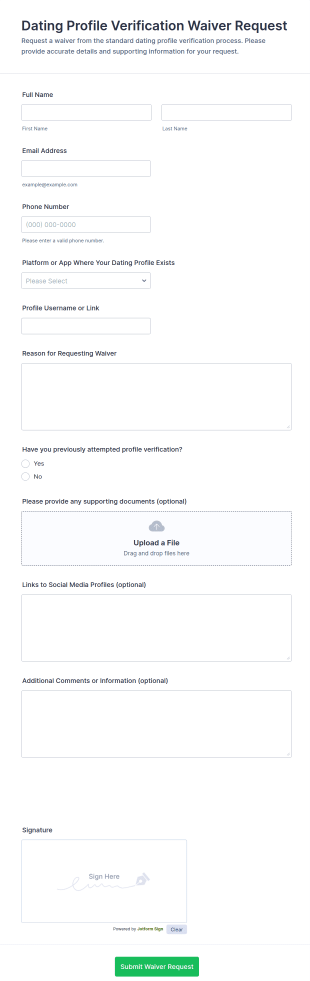 Dating Profile Verification Waiver Request Form Template
