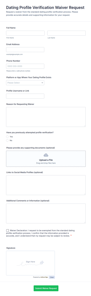Dating Profile Verification Waiver Request Form Template