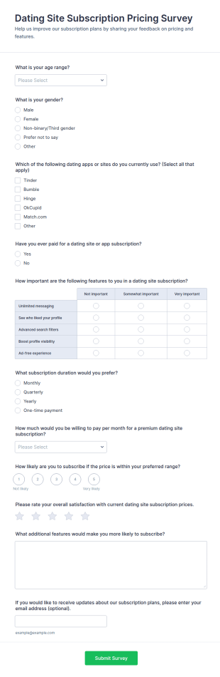 Dating Site Subscription Pricing Survey Form Template