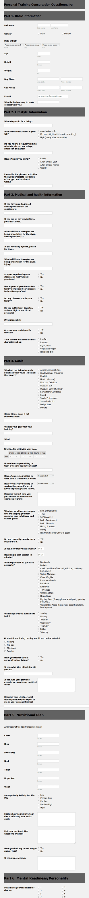 Dave's Personal Training Consultation Questionnaire Form Template