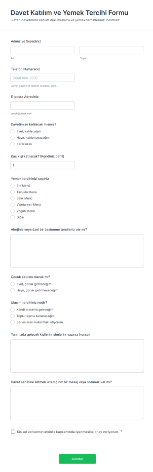 Davet Katılım Ve Yemek Tercihi Form Şablonu