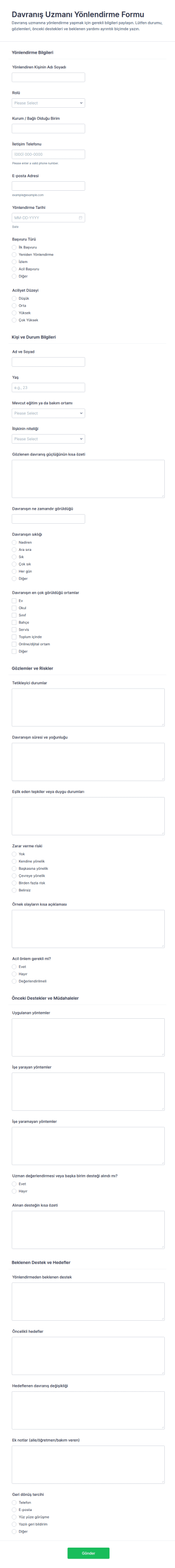 Davranış Uzmanı Yönlendirme Anketi Form Şablonu