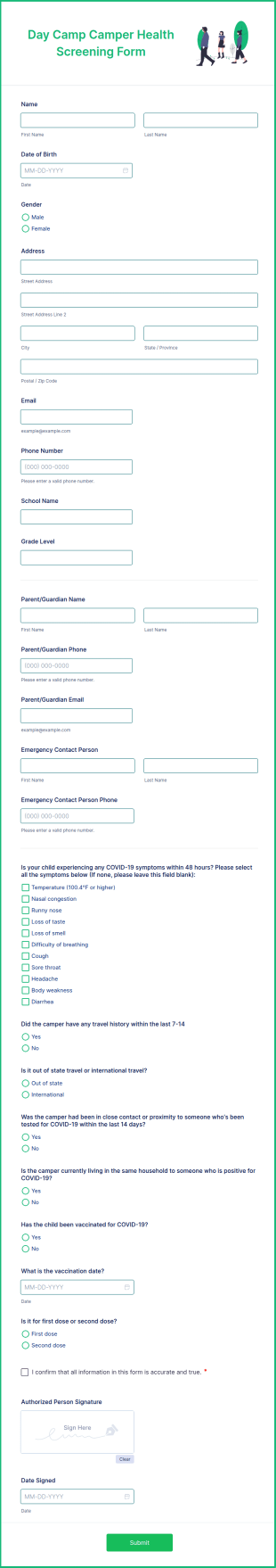 Day Camp Camper Health Screening Form Template