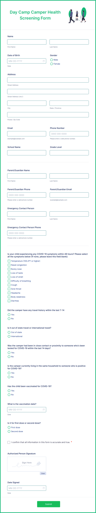 Day Camp Camper Health Screening Form Template