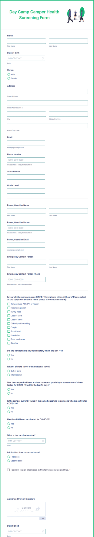 Day Camp Camper Health Screening Form Template
