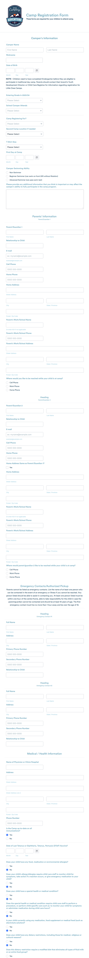 Day Camp Registration Form Template