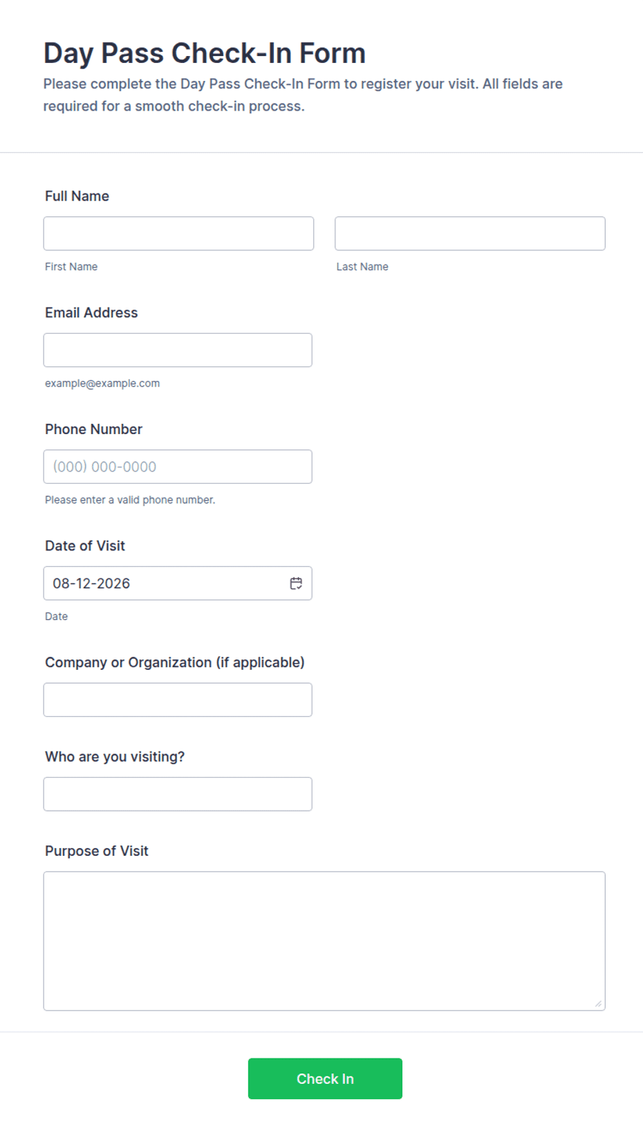 Day Pass Check-In Form Template | Jotform