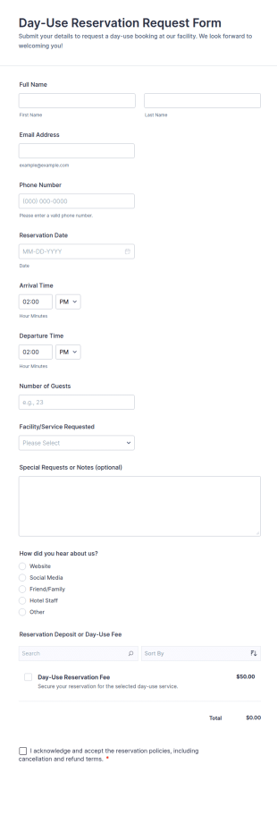 Day Use Reservation Request Form Template