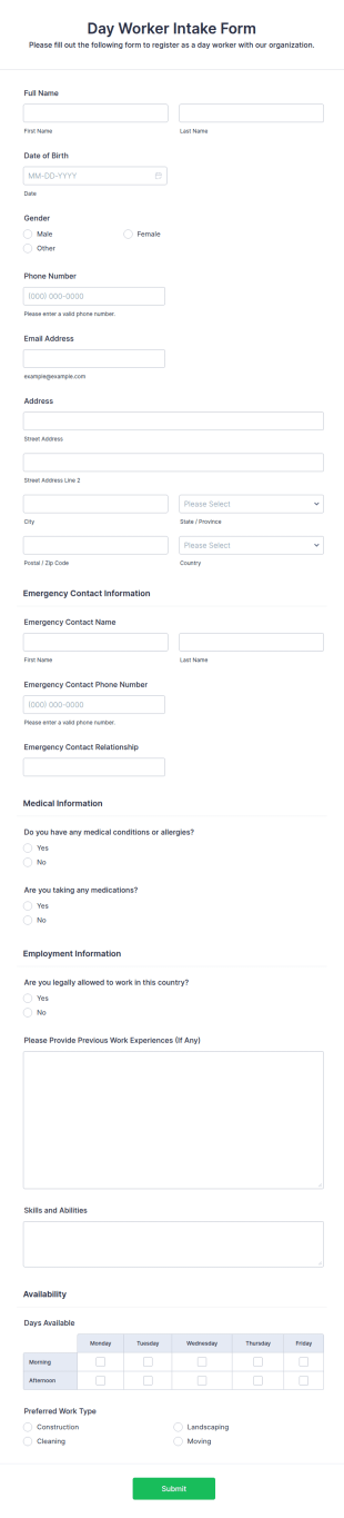 Day Worker Intake Form Template