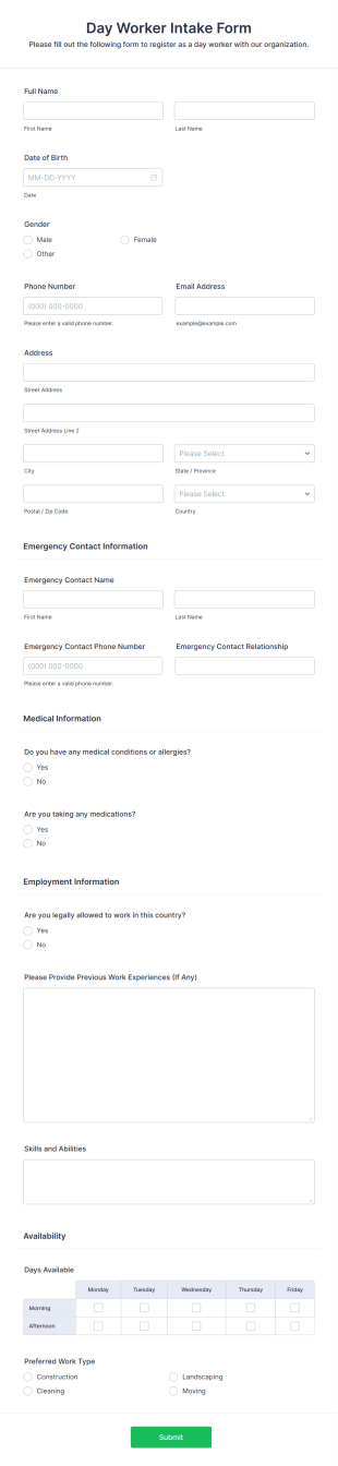 Day Worker Intake Form Template