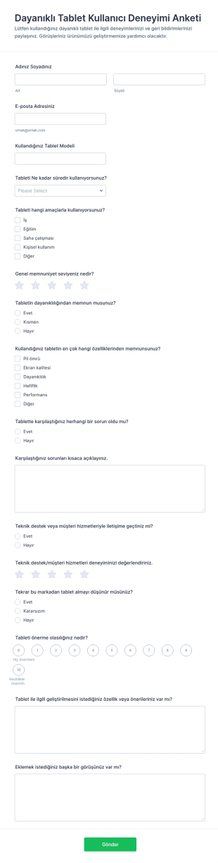Dayanıklı Tablet Geri Bildirim Anketi Form Şablonu