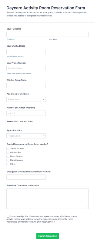 Daycare Activity Room Reservation Form Template