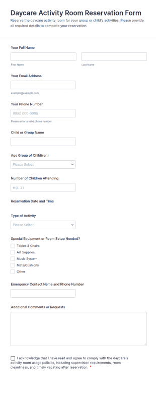 Daycare Activity Room Reservation Form Template