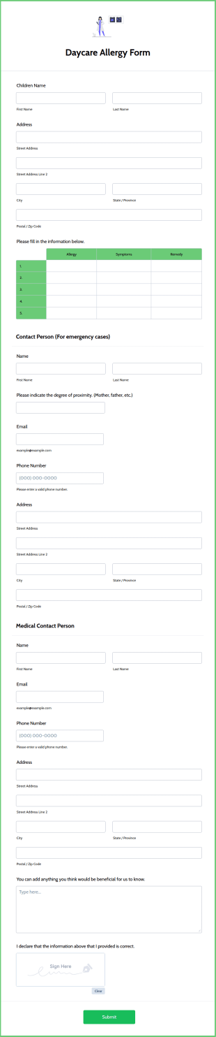 Daycare Allergy Form Template