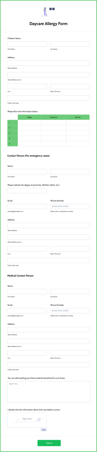 Daycare Allergy Form Template
