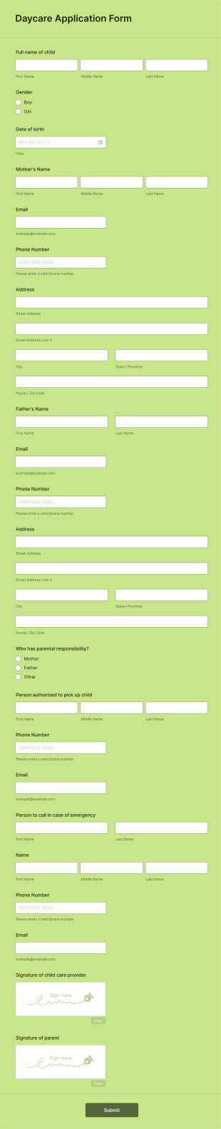 Daycare Application Form Template