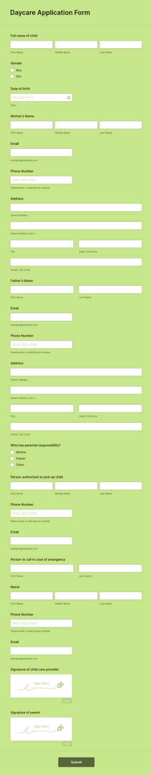 Daycare Application Form Template