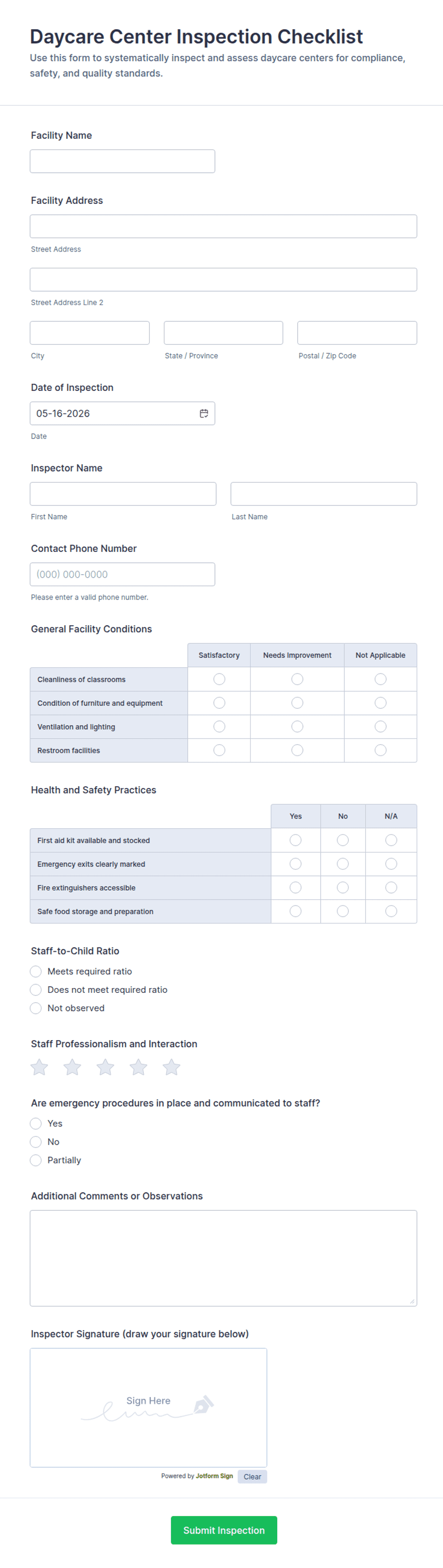 Daycare Center Inspection Checklist Form Template | Jotform