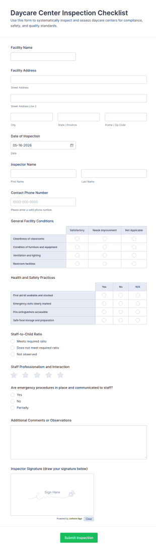 Daycare Center Inspection Checklist Form Template