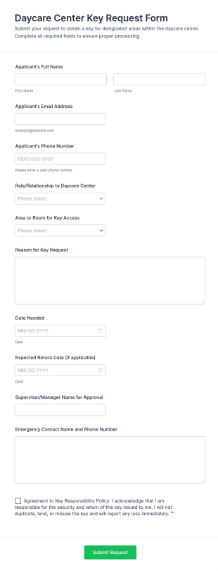 Daycare Center Key Request Form Template